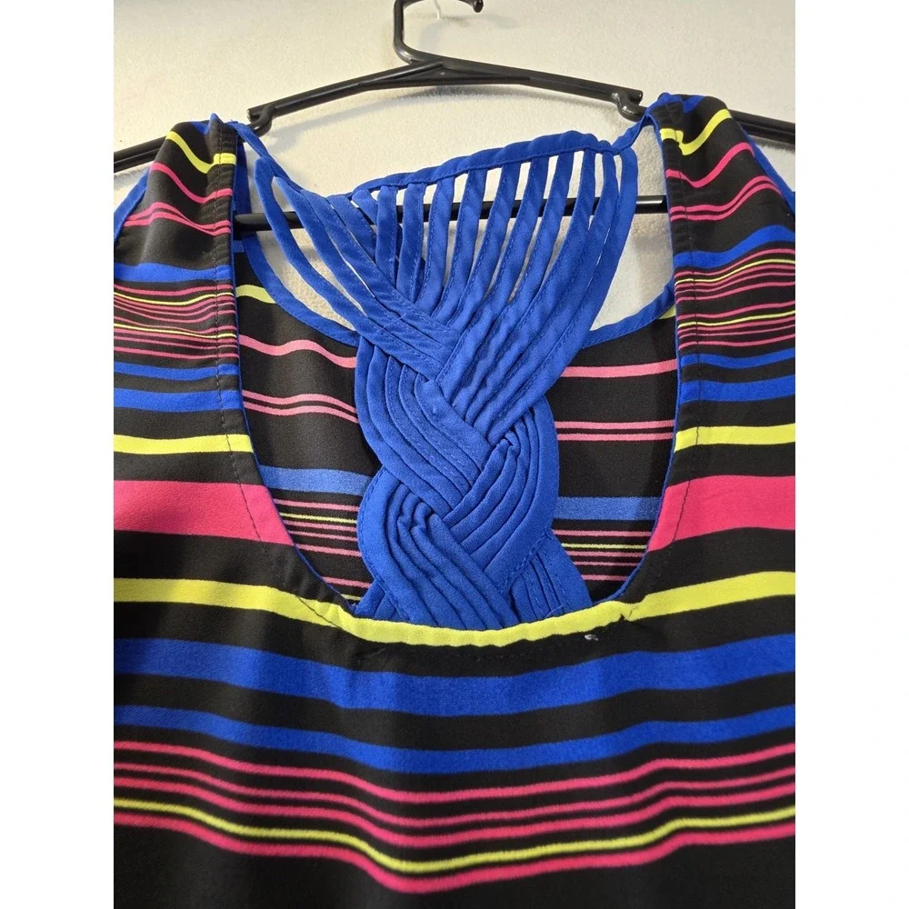Women's L Striped Sleeveless Tank Top Blue Pink Yellow Braided Back Boho Casual